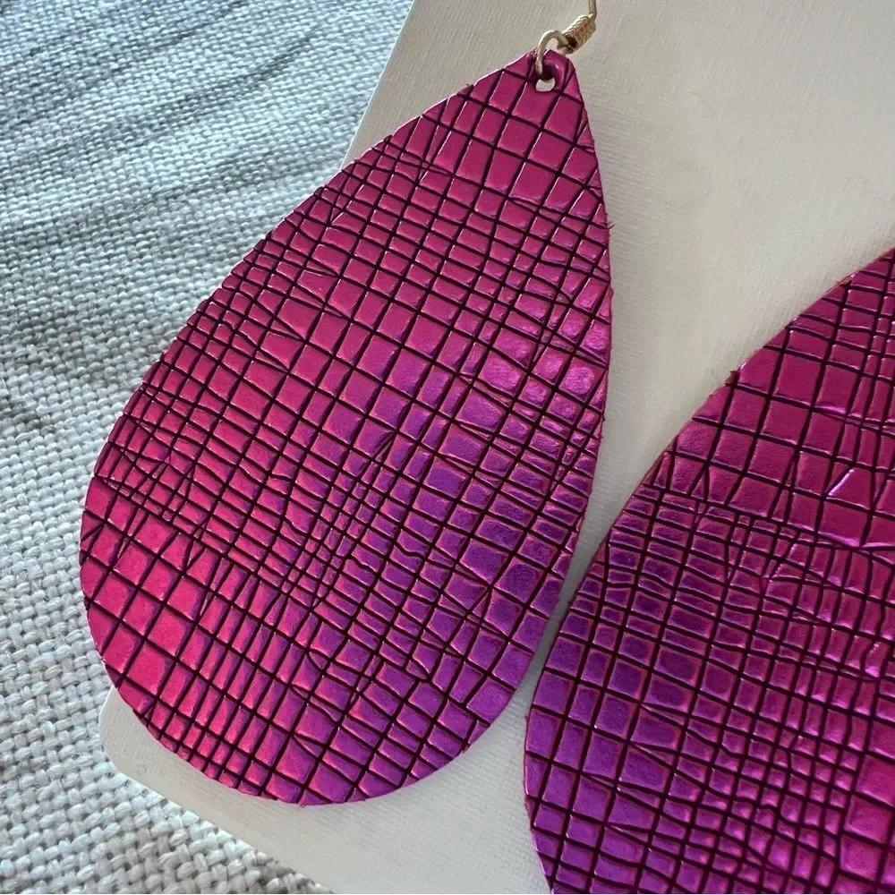 Nickel & Suede Full Grain Leather Nickel Free Textured Fuchsia Teardrop Earrings
